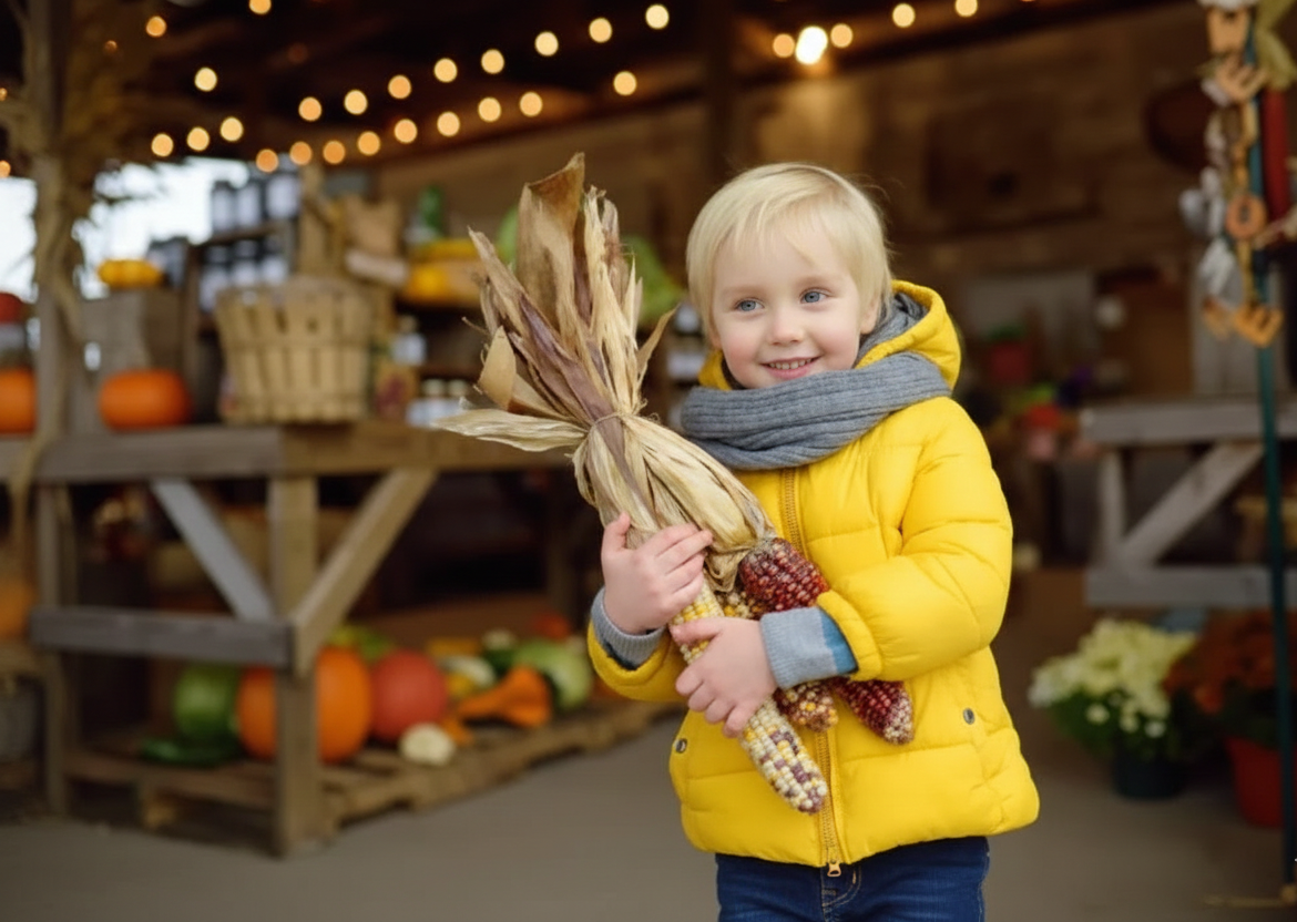 A young child in a yellow jacket holding corn at a community farm event.